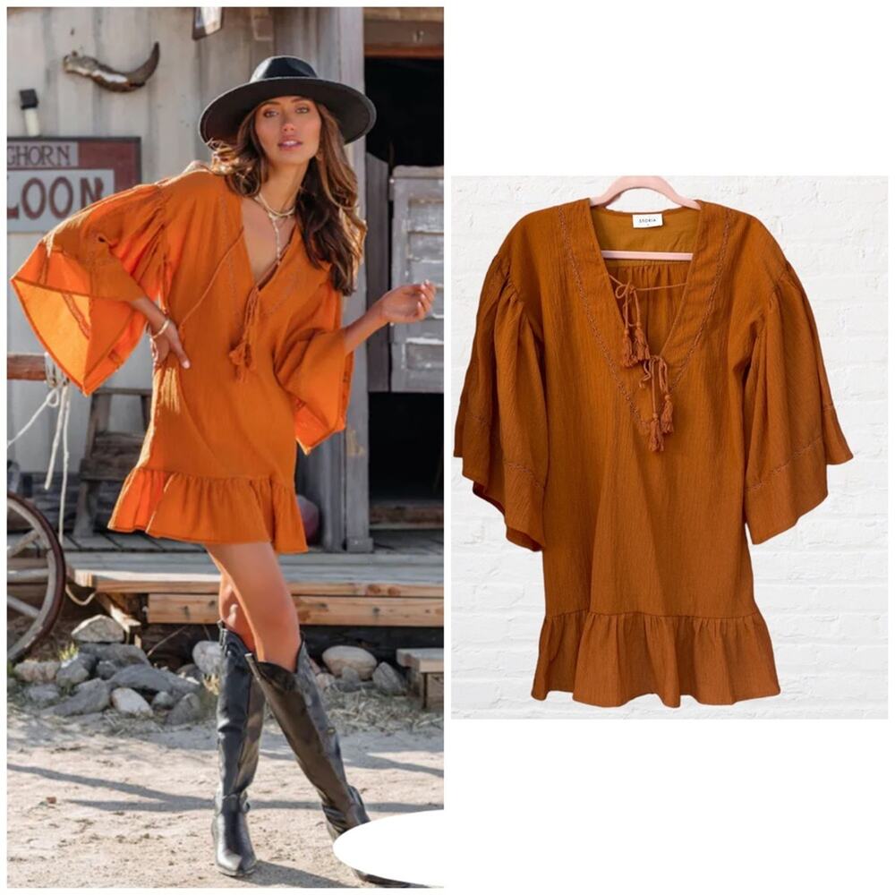 Storia orange crinkle tassel boho dress small